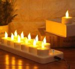 Remote Ready Amber Yellow Light Flickering Rechargeable LED Tealight Candle Set of 12 with Candle Container for Promotion - Image 4