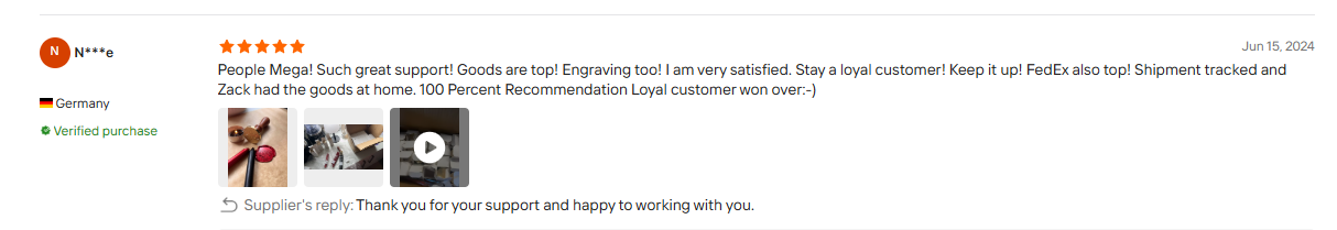 Feedback from a German client regarding our products