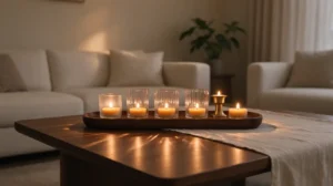 Arrangement of tea light candles in the living room