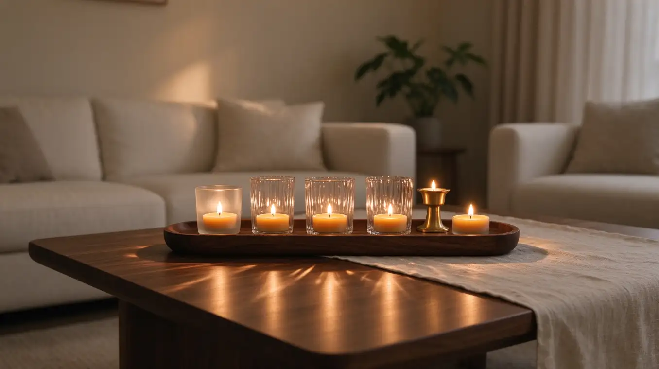 Arrangement of tea light candles in the living room