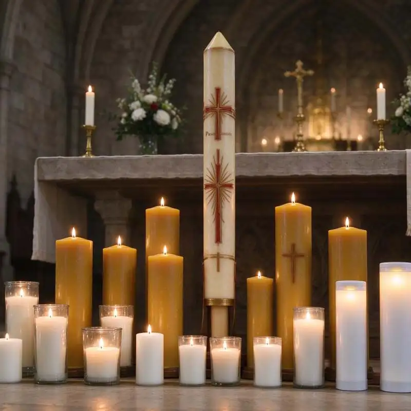 Church liturgical memorial candles with paschal pillars, beeswax candles and LED remembrance options