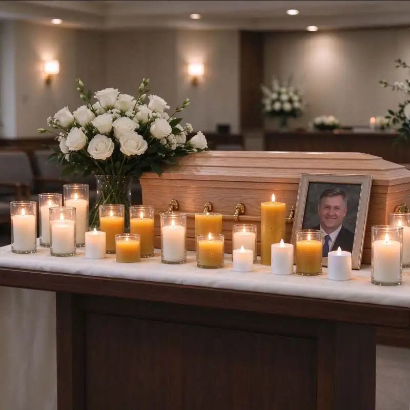 Funeral and memorial service candles with beeswax pillars, white remembrance candles and flameless LED options