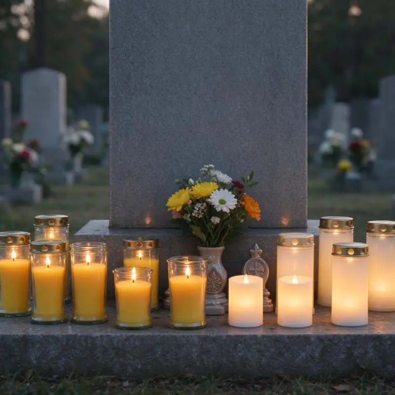 Graveside cemetery remembrance with traditional memorial candles and flameless LED vigil candles