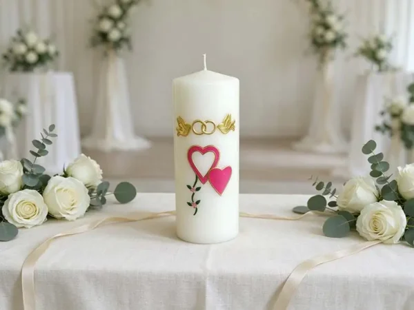 Memorial wedding remembrance pillar candle inside church for remembering departed loved family members