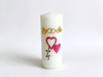 Wedding remembrance pillar candle, white pillar with wedding rings, doves and heart motifs for memorial tribute