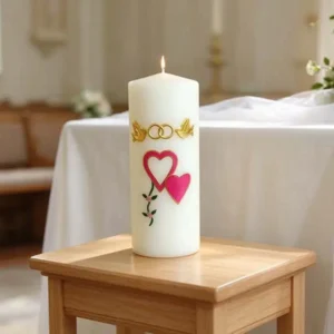 Wedding‑day remembrance memorial candle placed on quiet wedding ceremony table, soft gentle atmosphere