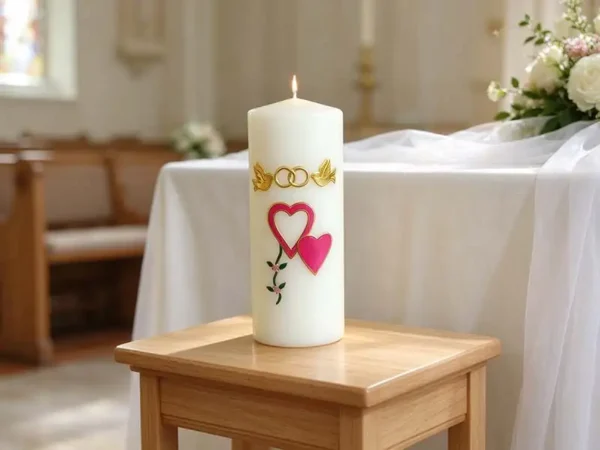 Wedding‑day remembrance memorial candle placed on quiet wedding ceremony table, soft gentle atmosphere