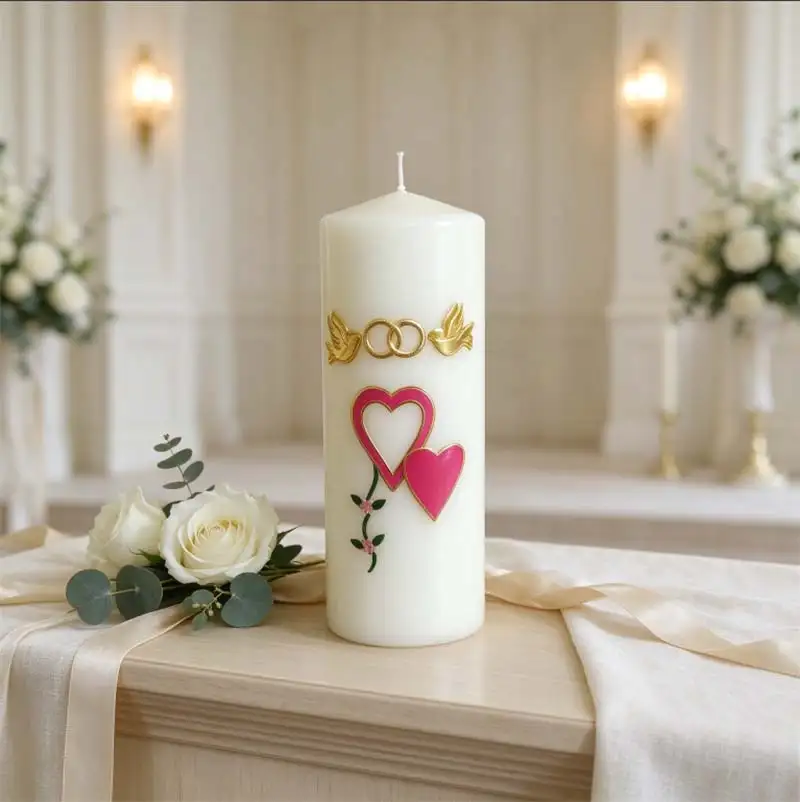 Memorial wedding remembrance pillar candle inside church for remembering departed loved family members