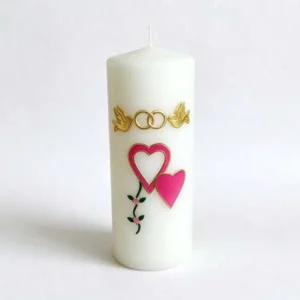 Wedding remembrance pillar candle, white pillar with wedding rings, doves and heart motifs for memorial tribute
