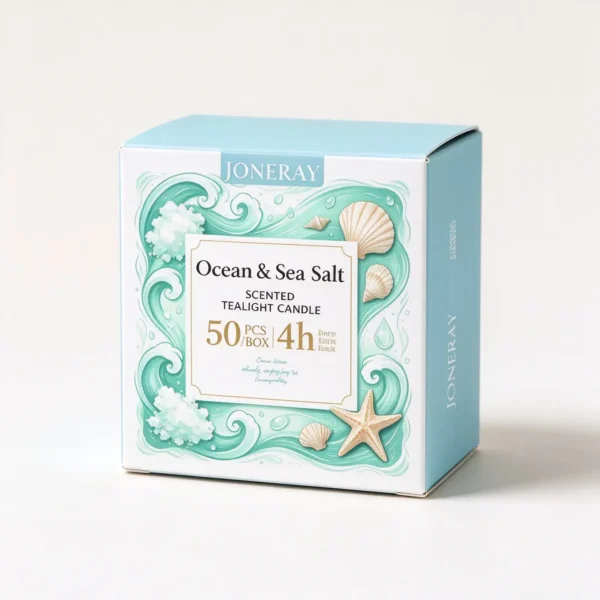 Packaging box for sea-breeze scented tea light candles