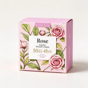 Packaging for a rose-pink scented candle